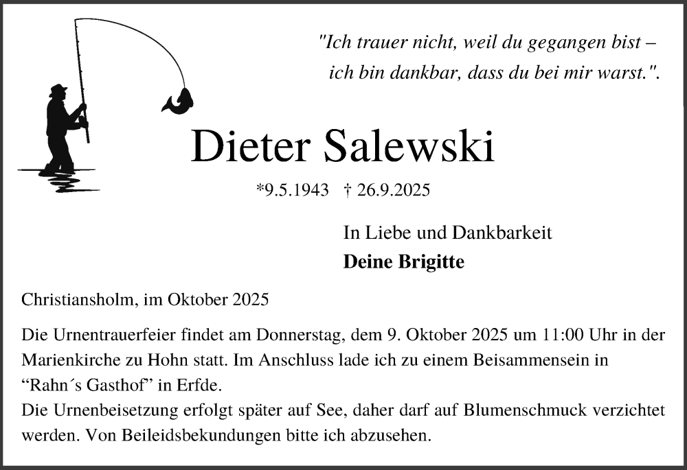  Traueranzeige für Dieter Salewski vom 04.10.2025 aus Schleswig-Holsteinische Landeszeitung