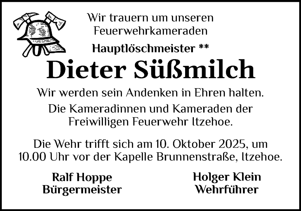  Traueranzeige für Dieter Süßmilch vom 04.10.2025 aus Norddeutsche Rundschau, Wilstersche Zeitung, Glückstädter Fortuna