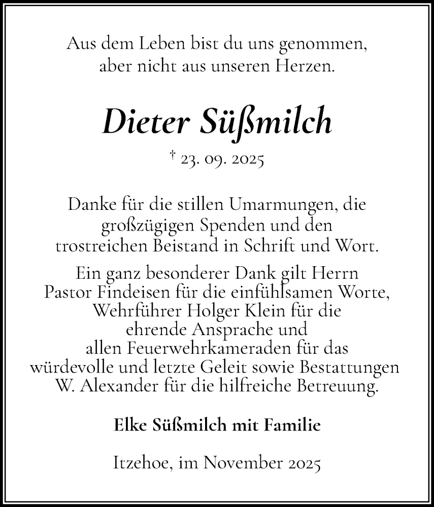  Traueranzeige für Dieter Süßmilch vom 01.11.2025 aus Norddeutsche Rundschau, Wilstersche Zeitung, Glückstädter Fortuna