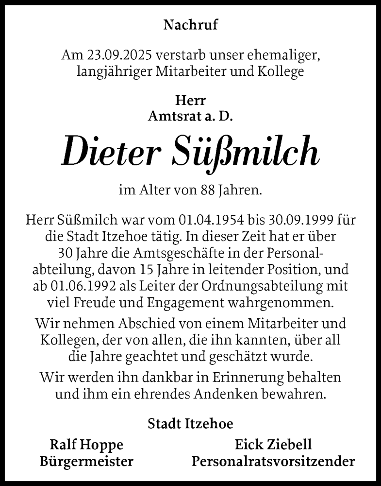 Traueranzeige für Dieter Süßmilch vom 11.10.2025 aus Norddeutsche Rundschau, Wilstersche Zeitung, Glückstädter Fortuna