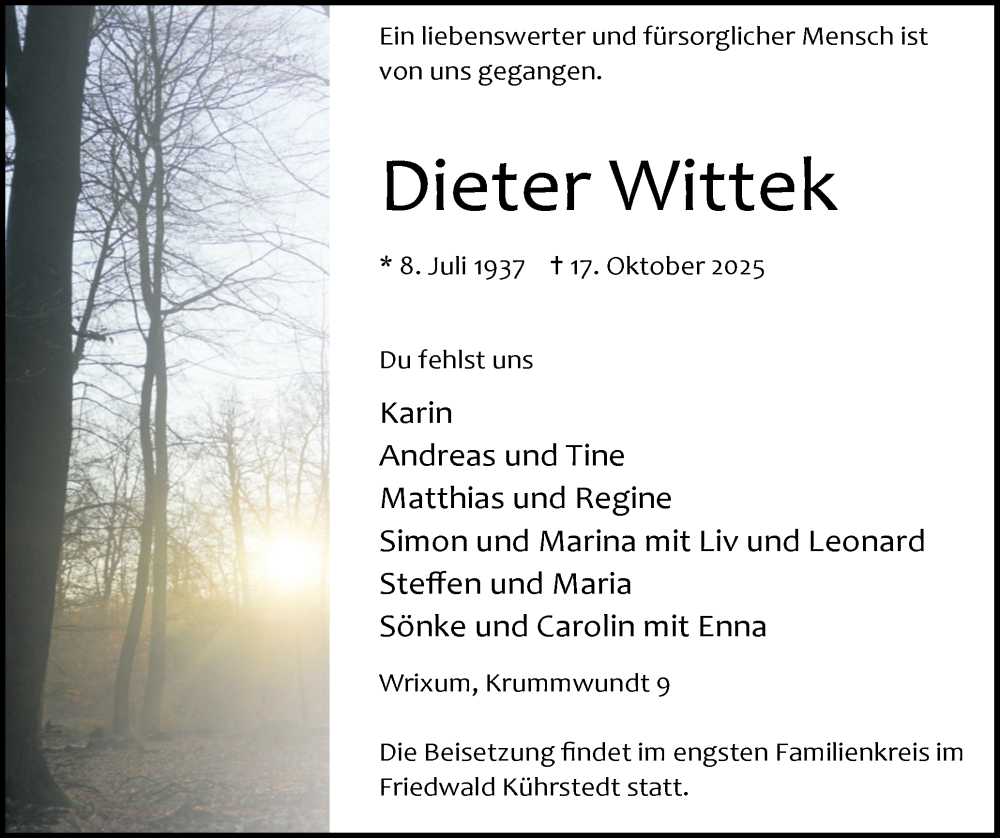  Traueranzeige für Dieter Wittek vom 25.10.2025 aus Der Insel-Bote