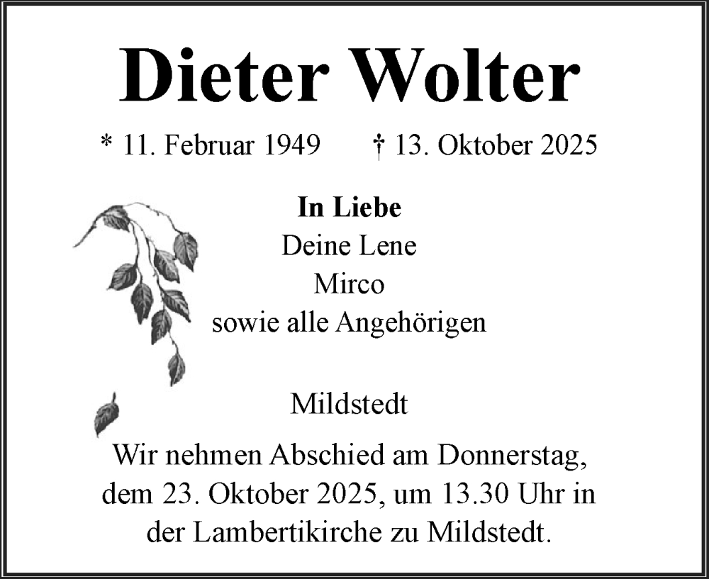  Traueranzeige für Dieter Wolter vom 17.10.2025 aus Husumer Nachrichten, Nordfriesland Tageblatt