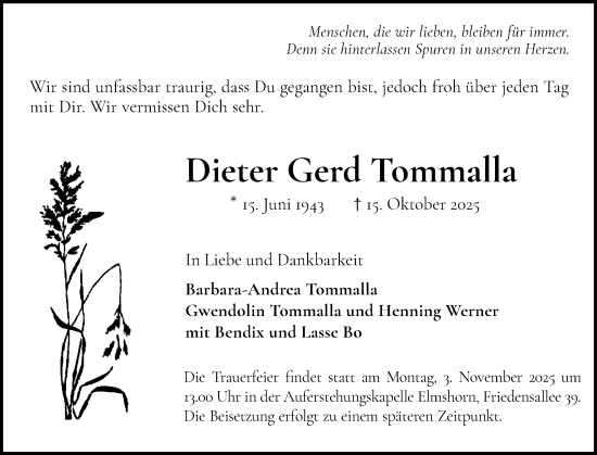 Traueranzeige von Dieter Gerd Tommalla von Elmshorner Nachrichten, Barmstedter Zeitung
