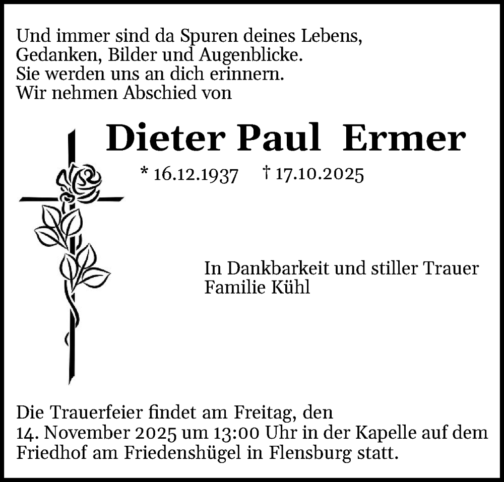  Traueranzeige für Dieter Paul Ermer vom 01.11.2025 aus Flensburger Tageblatt