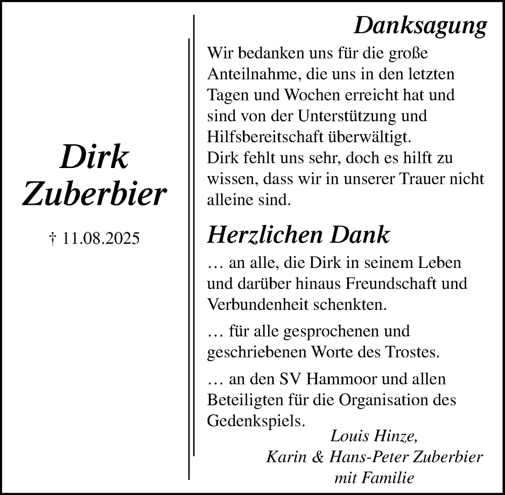  Traueranzeige für Dirk Zuberbier vom 04.10.2025 aus MARKT Ahrensburg/Bargteheide/Trittau und Stormarner Tageblatt