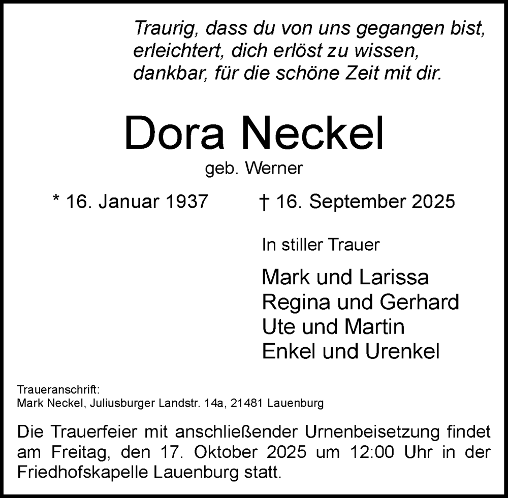  Traueranzeige für Dora Neckel vom 04.10.2025 aus Wochenend Anzeiger