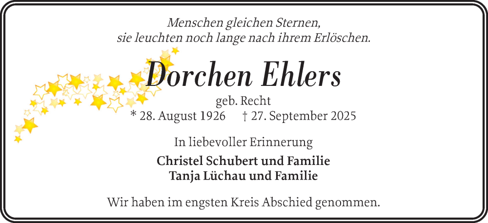  Traueranzeige für Dorchen Ehlers vom 11.10.2025 aus Uetersener Nachrichten, Der tip am Wochenende