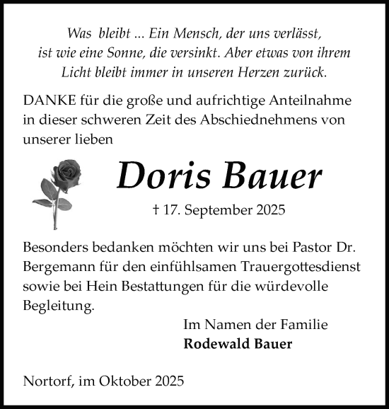 Traueranzeige von Doris Bauer von Schleswig-Holsteinische Landeszeitung
