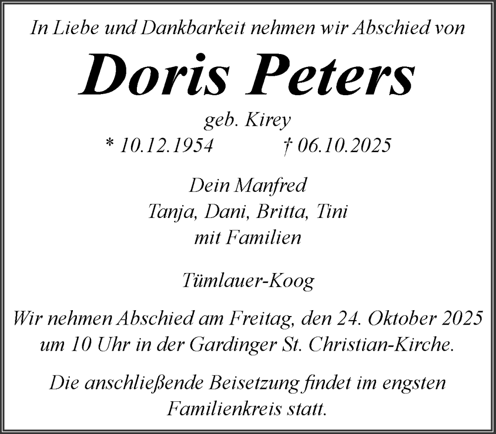  Traueranzeige für Doris Peters vom 18.10.2025 aus Husumer Nachrichten, Nordfriesland Tageblatt