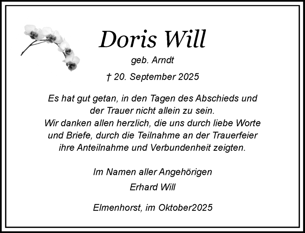 Traueranzeige für Doris Will vom 18.10.2025 aus Wochenend Anzeiger