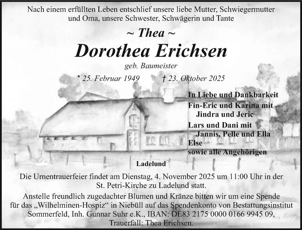  Traueranzeige für Dorothea Erichsen vom 29.10.2025 aus Husumer Nachrichten, Nordfriesland Tageblatt