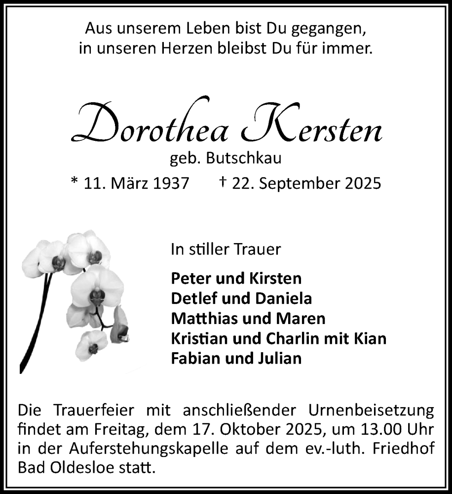  Traueranzeige für Dorothea Kersten vom 11.10.2025 aus MARKT Bad Oldesloe/Reinfeld und Stormarner Tageblatt