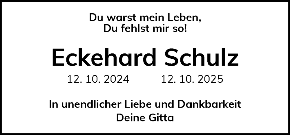  Traueranzeige für Eckehard Schulz vom 11.10.2025 aus Flensburger Tageblatt