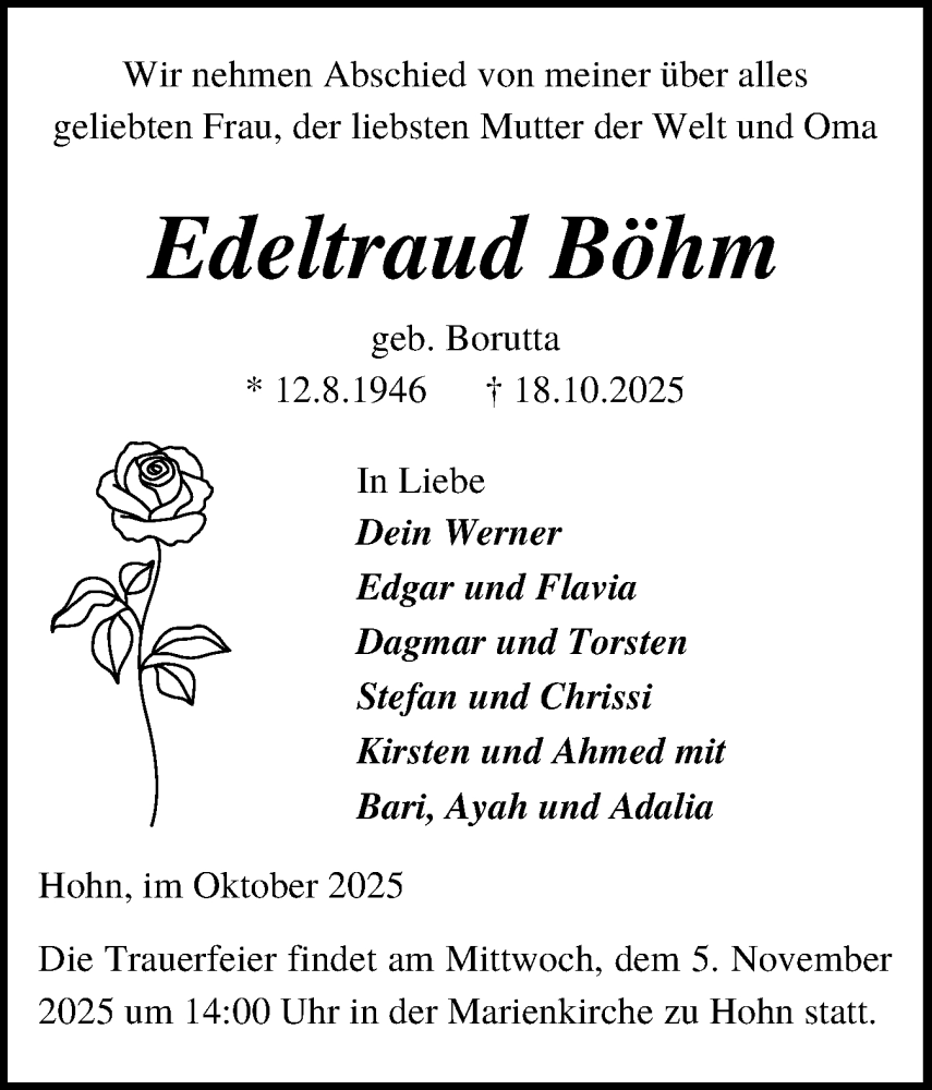  Traueranzeige für Edeltraud Böhm vom 01.11.2025 aus Schleswig-Holsteinische Landeszeitung