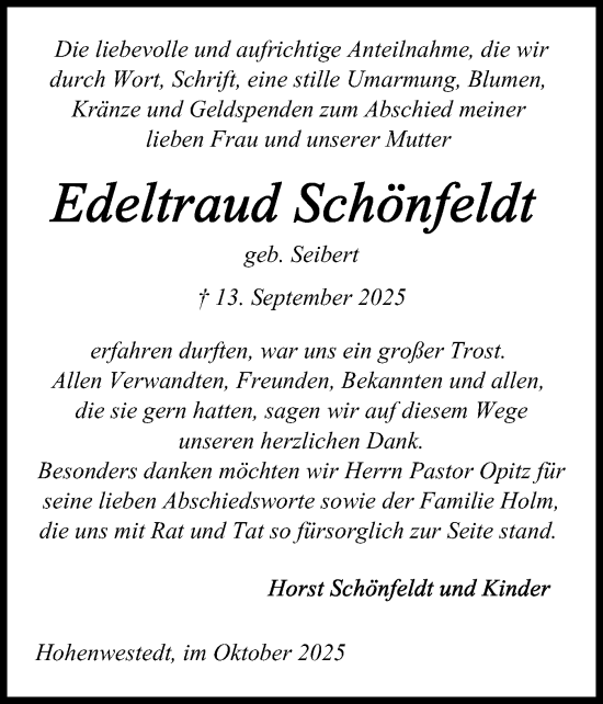 Traueranzeige von Edeltraud Schönfeldt von Schleswig-Holsteinische Landeszeitung