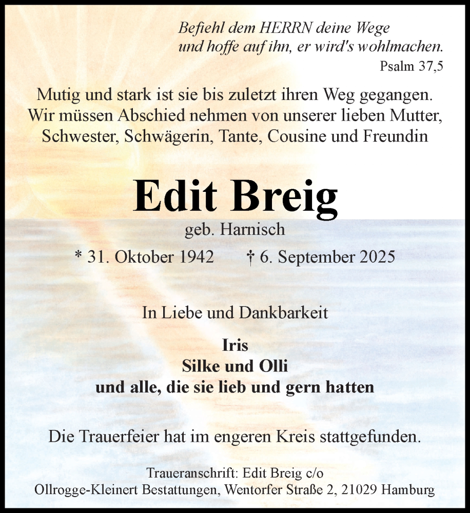  Traueranzeige für Edit Breig vom 04.10.2025 aus Wochenend Anzeiger