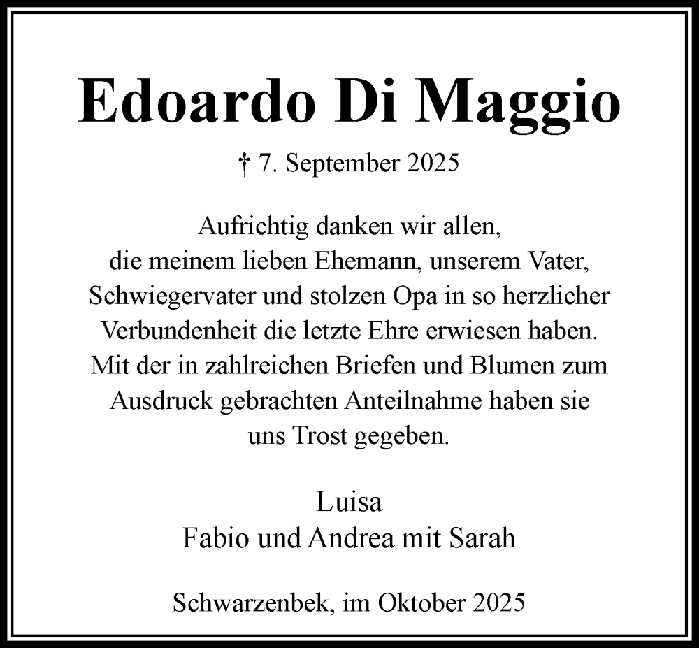  Traueranzeige für Edoardo Di Maggio vom 18.10.2025 aus Wochenend Anzeiger