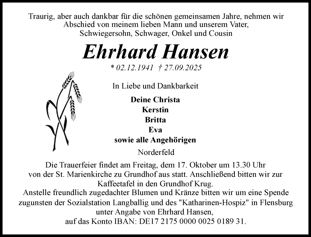  Traueranzeige für Ehrhard Hansen vom 11.10.2025 aus Flensburger Tageblatt