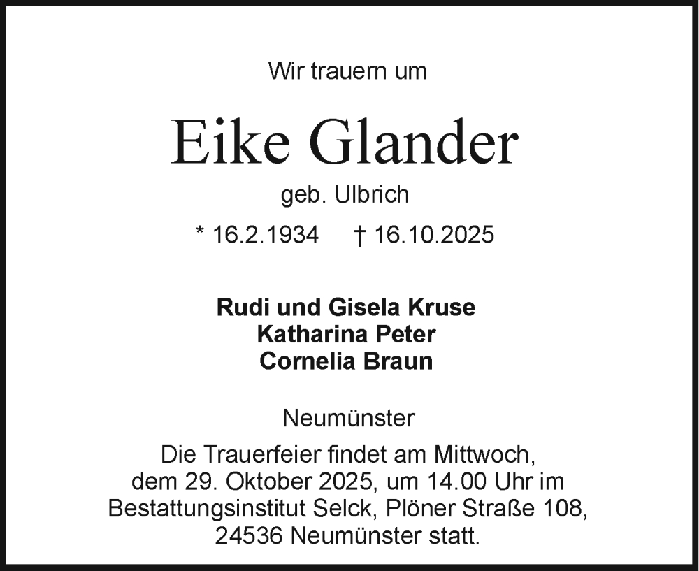  Traueranzeige für Eike Glander vom 25.10.2025 aus Holsteinischer Courier
