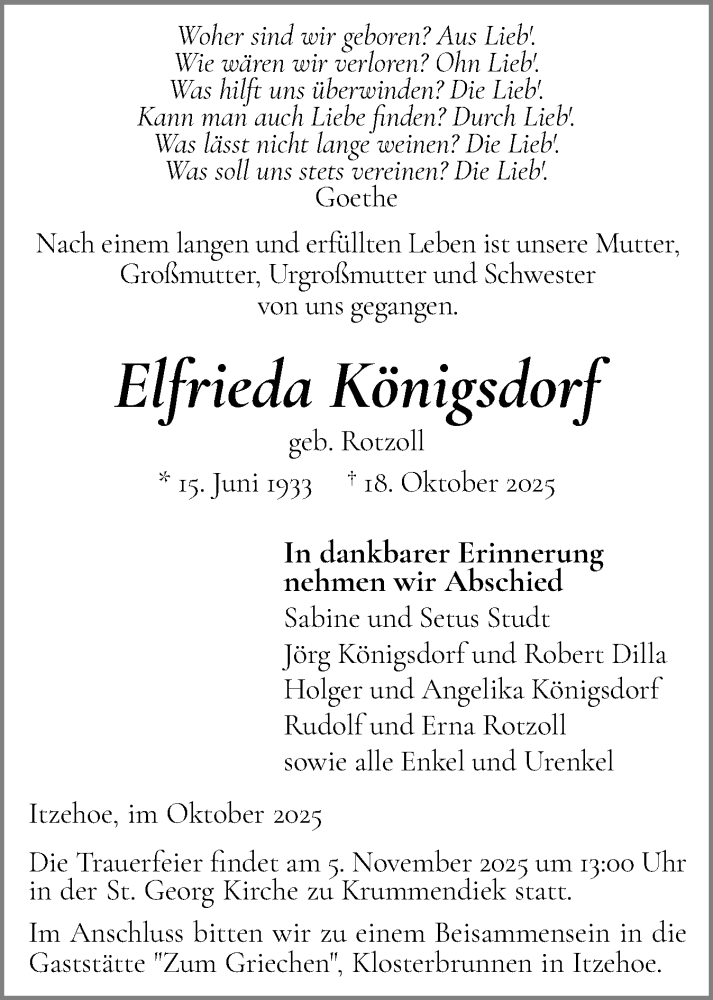  Traueranzeige für Elfrieda Königsdorf vom 25.10.2025 aus Norddeutsche Rundschau, Wilstersche Zeitung, Glückstädter Fortuna