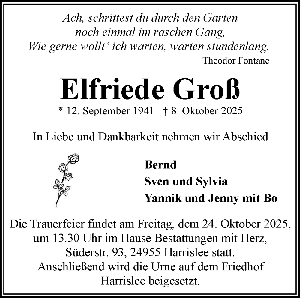  Traueranzeige für Elfriede Groß vom 18.10.2025 aus Flensburger Tageblatt