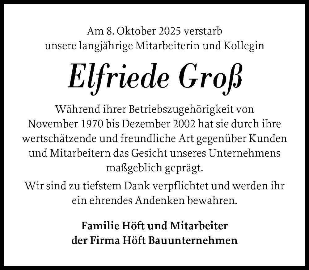  Traueranzeige für Elfriede Groß vom 18.10.2025 aus Flensburger Tageblatt