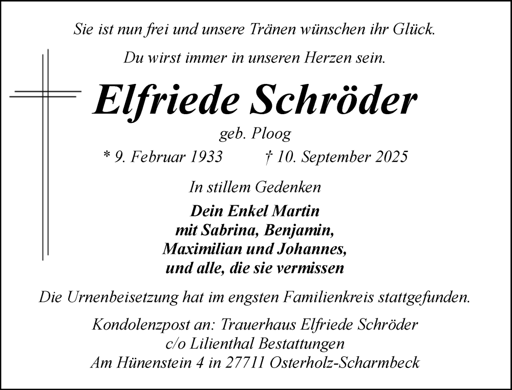  Traueranzeige für Elfriede Schröder vom 18.10.2025 aus Husumer Nachrichten, Nordfriesland Tageblatt