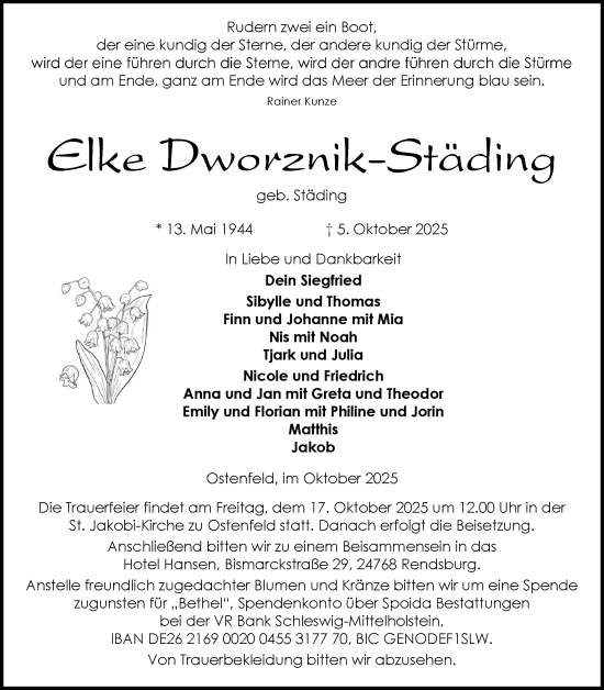 Traueranzeige von Elke Dworznik-Städing von Schleswig-Holsteinische Landeszeitung