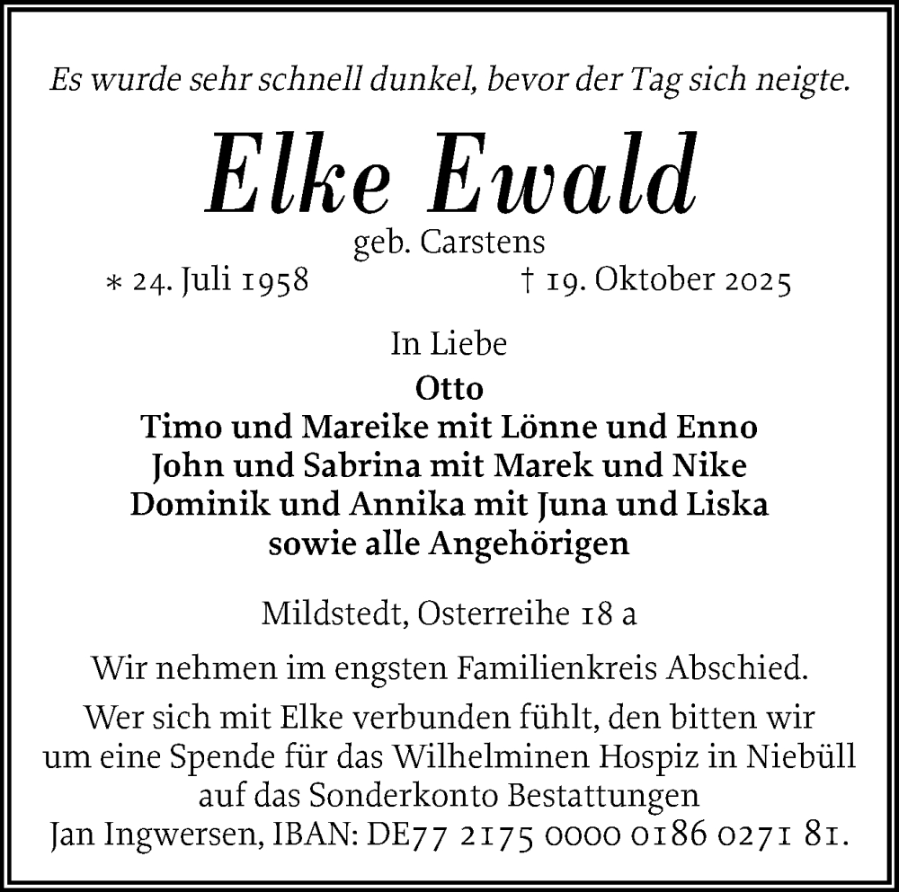  Traueranzeige für Elke Ewald vom 22.10.2025 aus Husumer Nachrichten, Nordfriesland Tageblatt