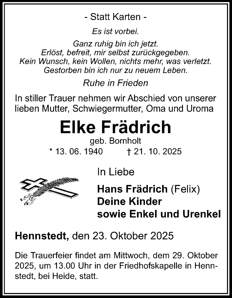  Traueranzeige für Elke Frädrich vom 25.10.2025 aus Schleswig-Holsteinische Landeszeitung