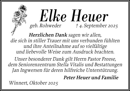 Traueranzeige von Elke Heuer von Husumer Nachrichten, Nordfriesland Tageblatt