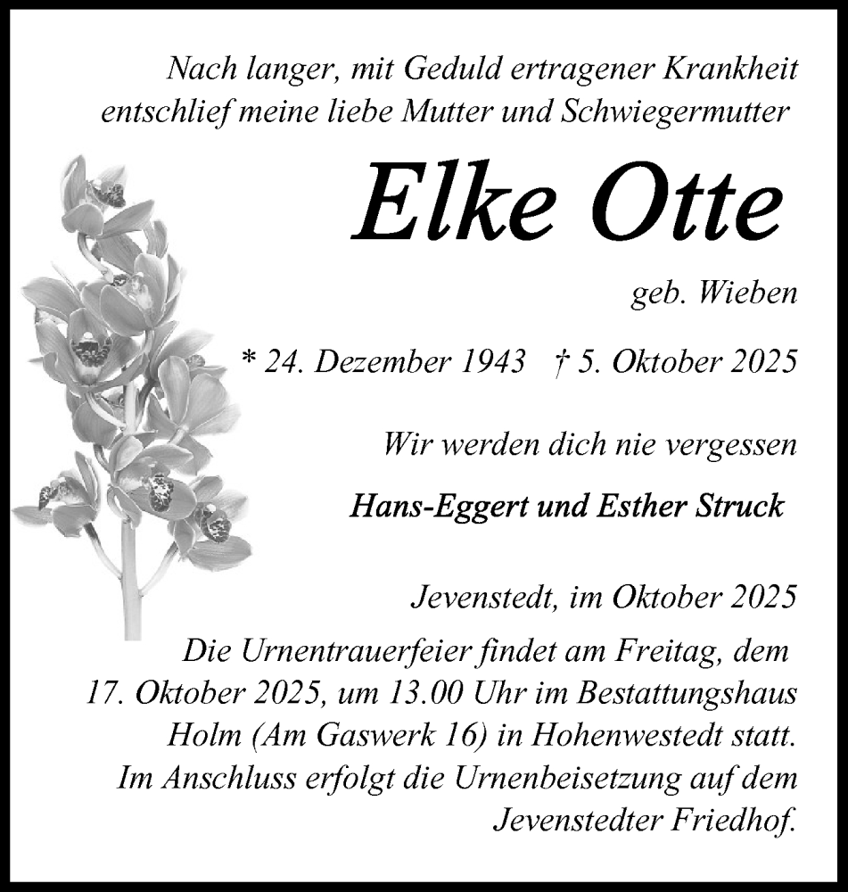  Traueranzeige für Elke Otte vom 11.10.2025 aus Schleswig-Holsteinische Landeszeitung