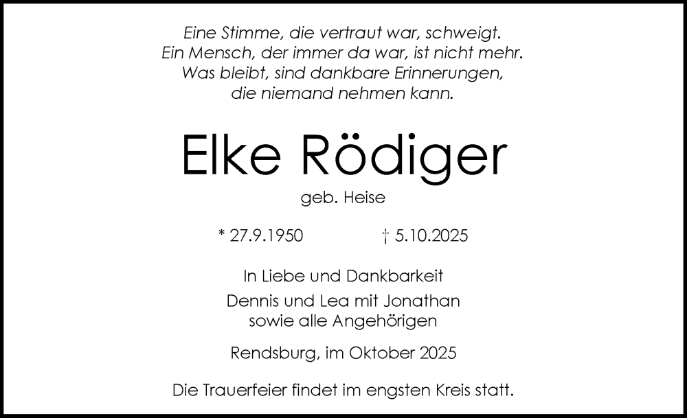  Traueranzeige für Elke Rödiger vom 18.10.2025 aus Schleswig-Holsteinische Landeszeitung