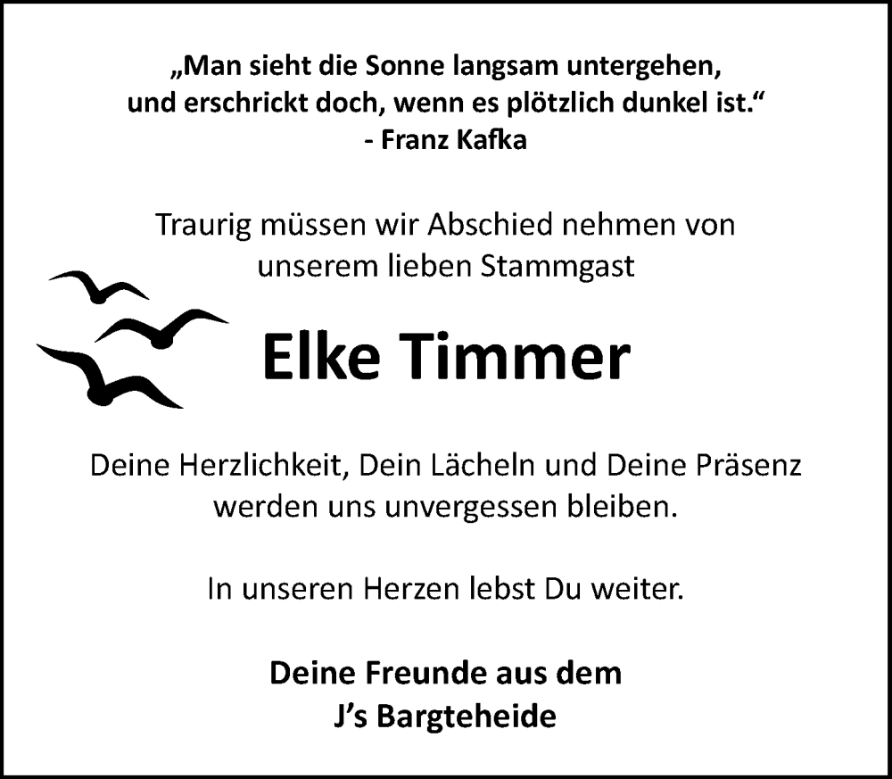  Traueranzeige für Elke Timmer vom 11.10.2025 aus MARKT Ahrensburg/Bargteheide/Trittau und Stormarner Tageblatt