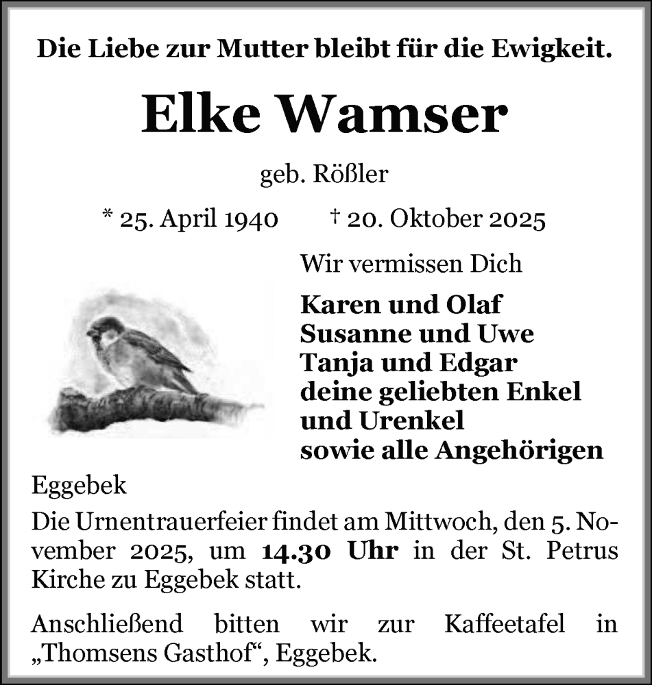  Traueranzeige für Elke Wamser vom 29.10.2025 aus Flensburger Tageblatt, Schleswiger Nachrichten, Schlei-Bote