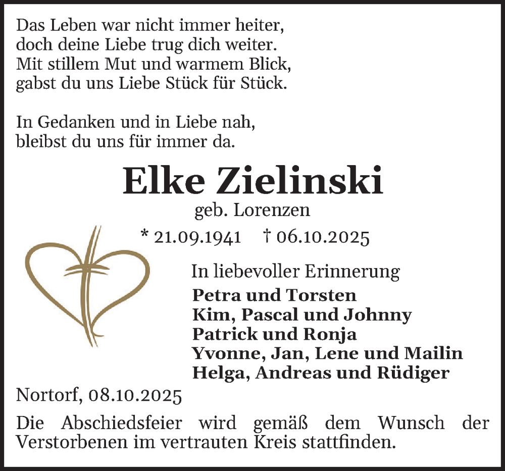  Traueranzeige für Elke Zielinski vom 09.10.2025 aus Holsteinischer Courier