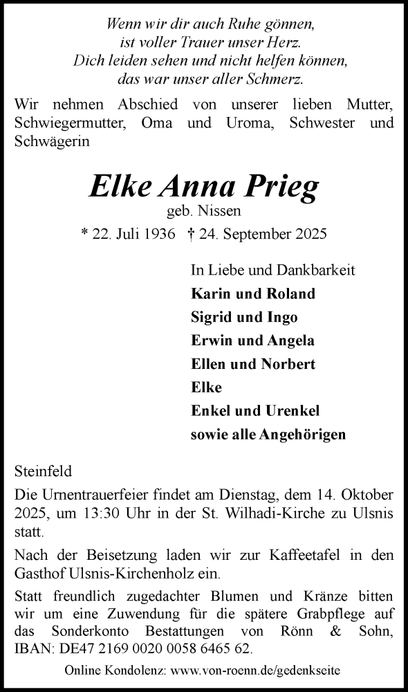  Traueranzeige für Elke Anna Prieg vom 04.10.2025 aus Region Flensburg
