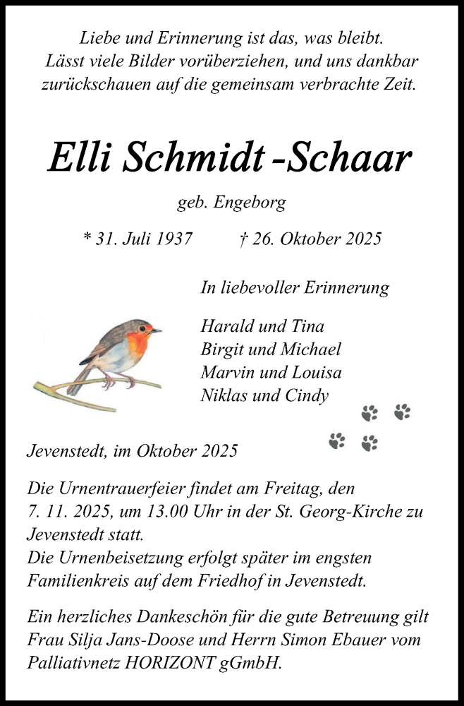  Traueranzeige für Elli Schmidt-Schaar vom 01.11.2025 aus Schleswig-Holsteinische Landeszeitung