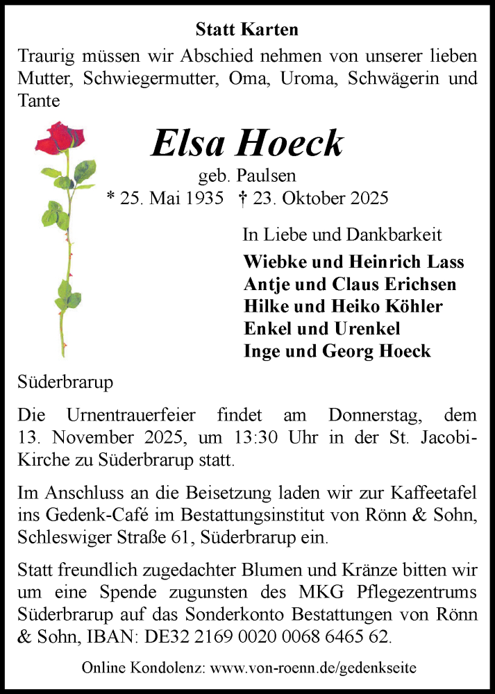  Traueranzeige für Elsa Hoeck vom 01.11.2025 aus Flensburger Tageblatt, Schleswiger Nachrichten, Schlei-Bote