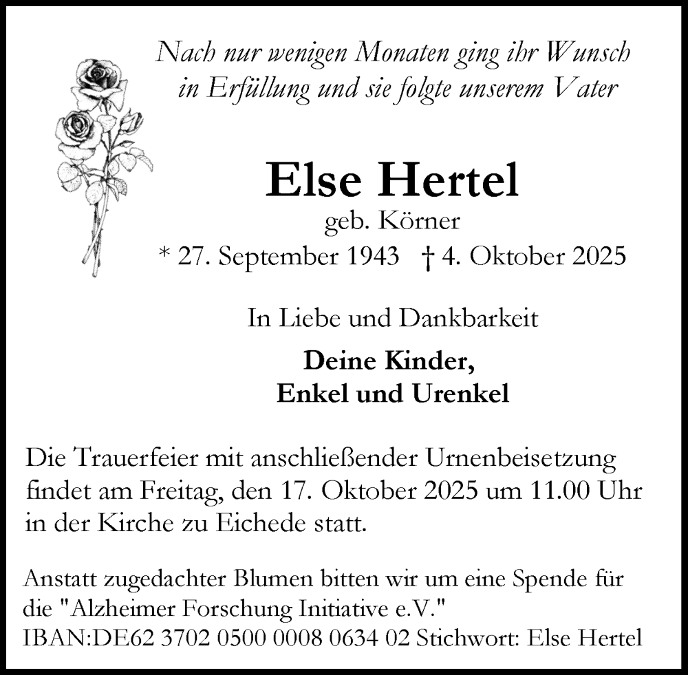  Traueranzeige für Else Hertel vom 11.10.2025 aus MARKT Bad Oldesloe/Reinfeld, MARKT Ahrensburg/Bargteheide/Trittau und Stormarner Tageblatt