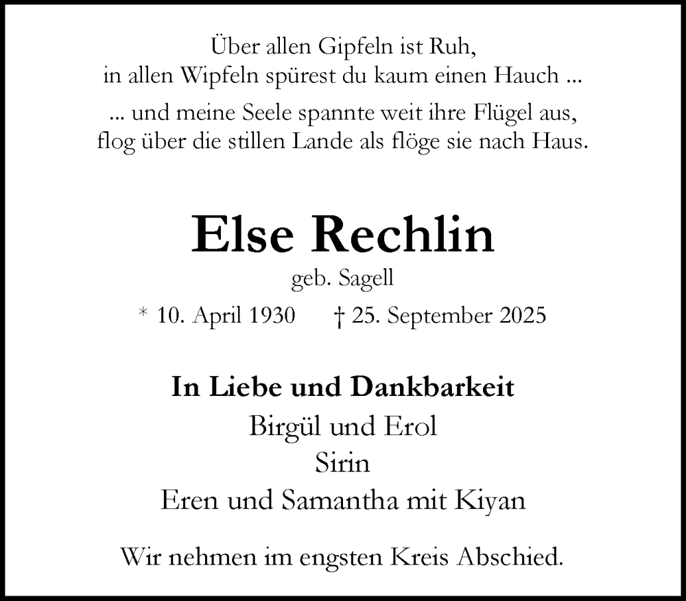  Traueranzeige für Else Rechlin vom 11.10.2025 aus Region Pinneberg und tip Pinneberg