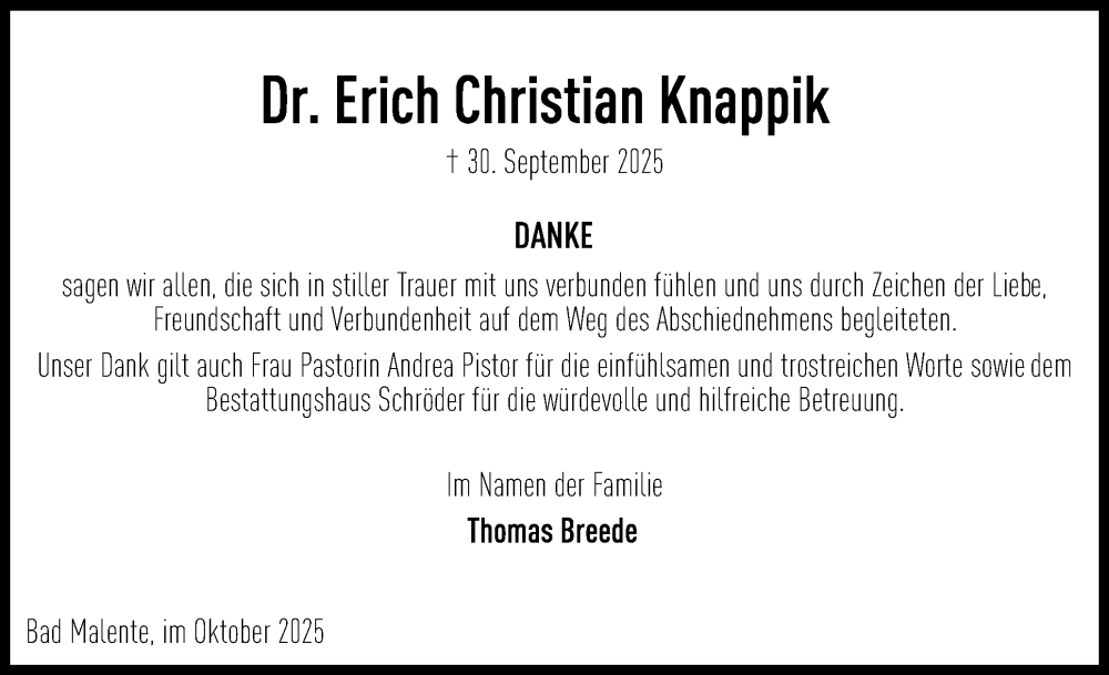  Traueranzeige für Erich Christian Knappik vom 18.10.2025 aus Ostholsteiner Anzeiger