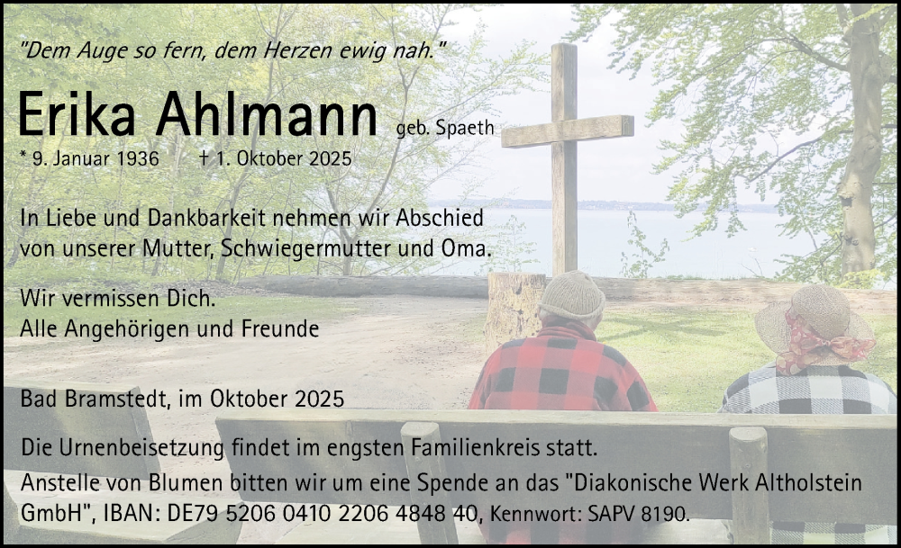  Traueranzeige für Erika Ahlmann vom 18.10.2025 aus Der Insel-Bote