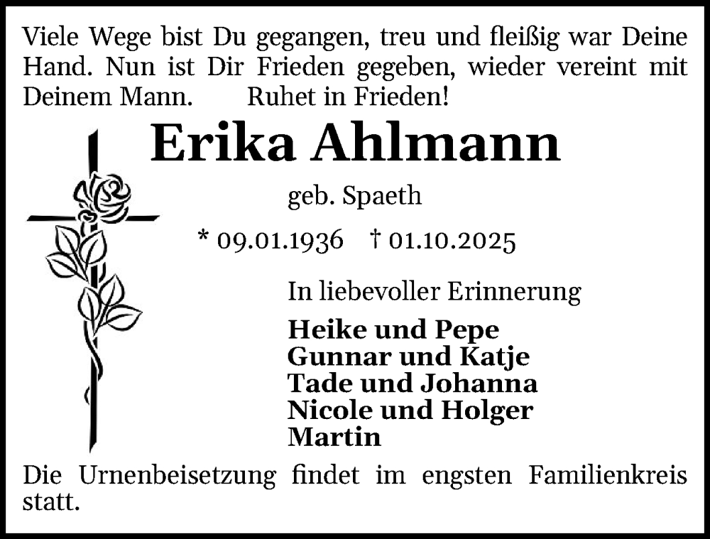  Traueranzeige für Erika Ahlmann vom 08.10.2025 aus Der Insel-Bote