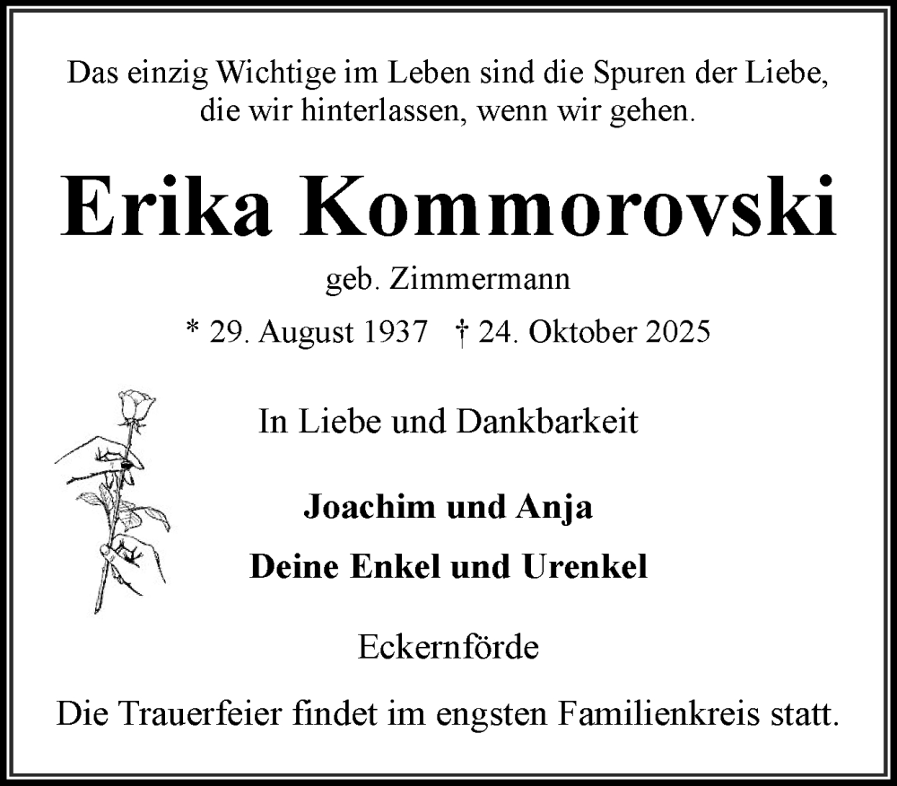  Traueranzeige für Erika Kommorovski vom 01.11.2025 aus Eckernförder Zeitung, Hallo Eckernförde