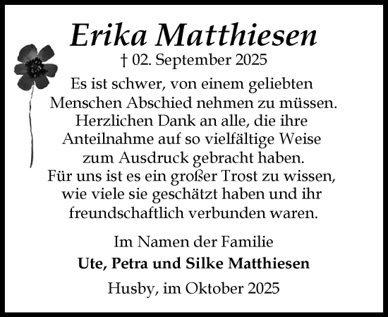 Traueranzeige von Erika Matthiesen von Flensburger Tageblatt