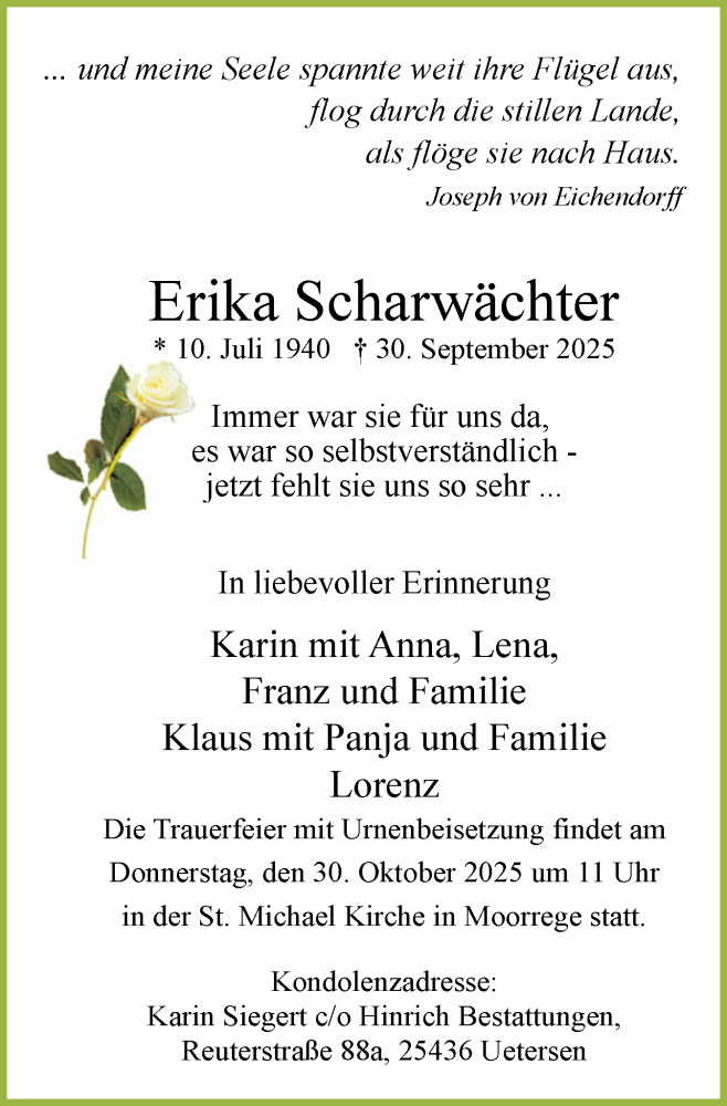  Traueranzeige für Erika Scharwächter vom 18.10.2025 aus Uetersener Nachrichten, Der tip am Wochenende