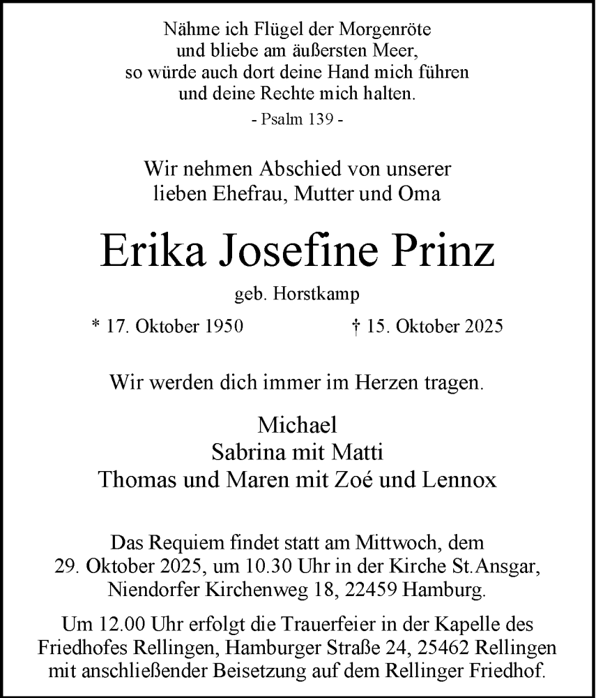  Traueranzeige für Erika Josefine Prinz vom 25.10.2025 aus Region Pinneberg und tip Pinneberg