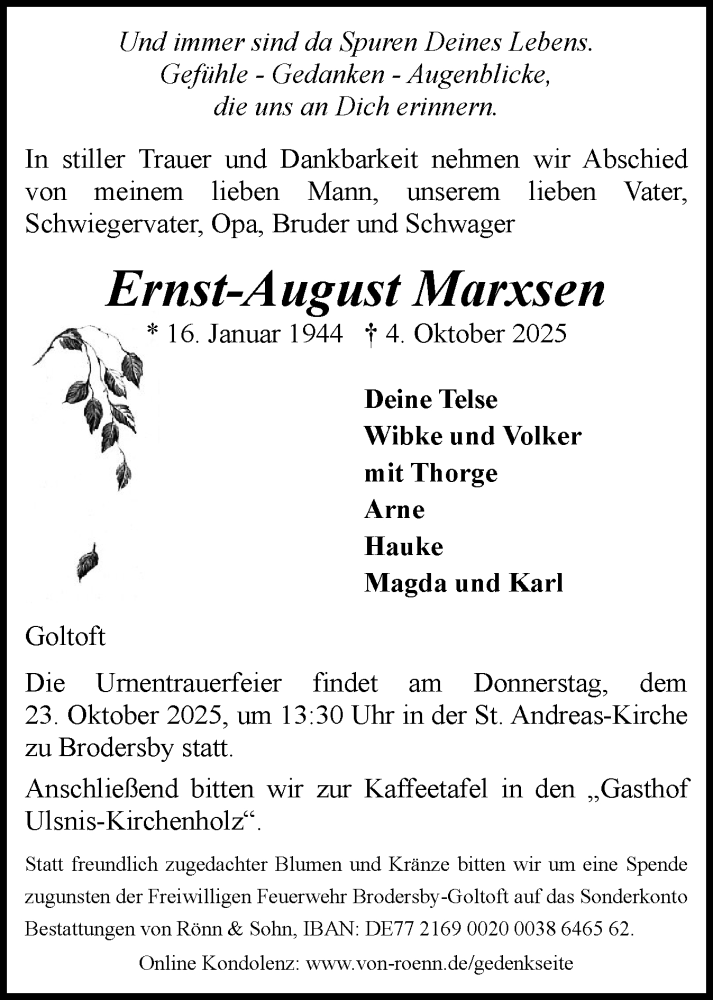  Traueranzeige für Ernst-August Marxsen vom 11.10.2025 aus Schleswiger Nachrichten, Schlei-Bote