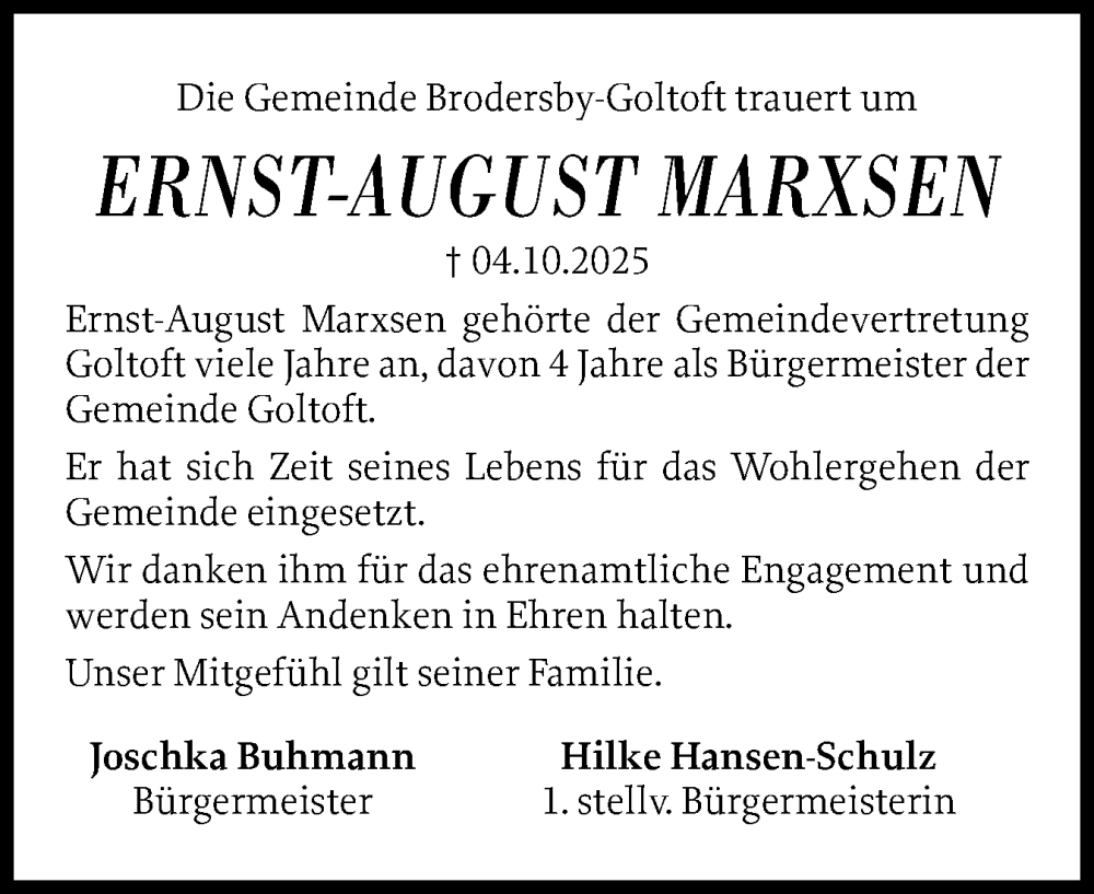  Traueranzeige für Ernst-August Marxsen vom 22.10.2025 aus Schleswiger Nachrichten, Schlei-Bote